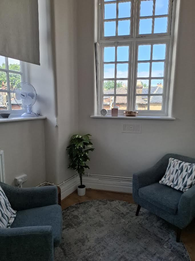 Sarah’s calm consulting room in Epsom